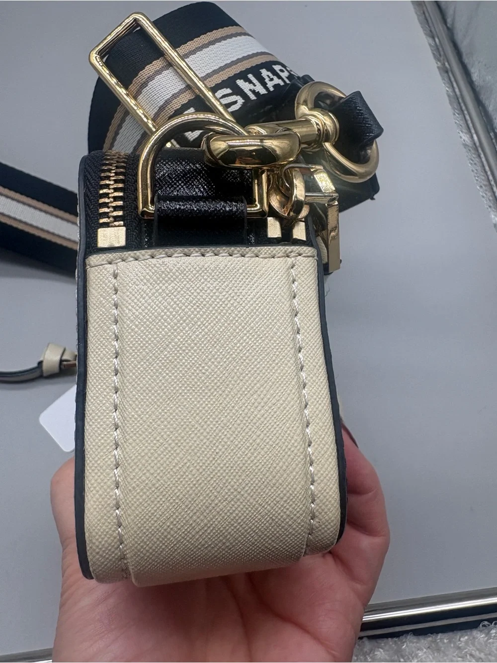 Marc Jacobs Cream Snapshot Crossbody with Striped Strap